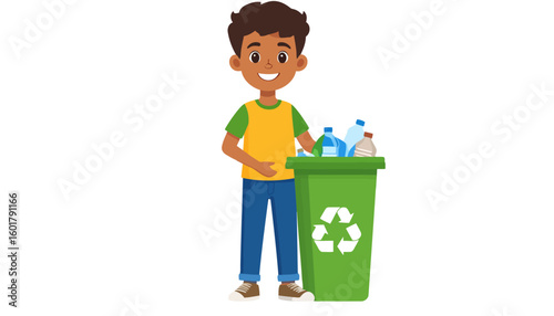 Happy young boy with dark skin recycling plastic bottles into a green bin, promoting environmental awareness.