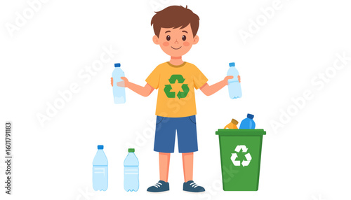 Happy cartoon boy with a recycling symbol on his shirt sorting plastic bottles into a green bin.