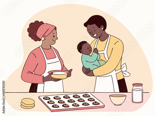 Family baking cookies together with a baby