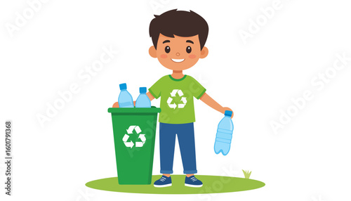 Happy cartoon boy in a green shirt with a recycle symbol, sorting plastic bottles into a green bin.