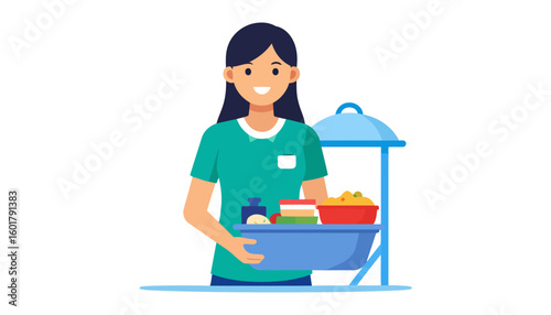Cheerful female volunteer with dark hair holding a blue tray of donated food.