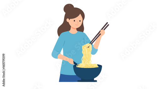 Young woman with a brown hair bun in a blue shirt, eating yellow noodles from a bowl with chopsticks.