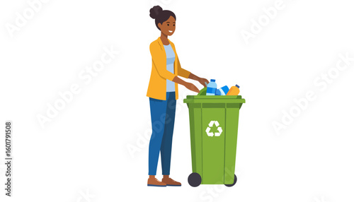 Smiling woman with a hair bun sorting plastic bottles into a green recycling container.