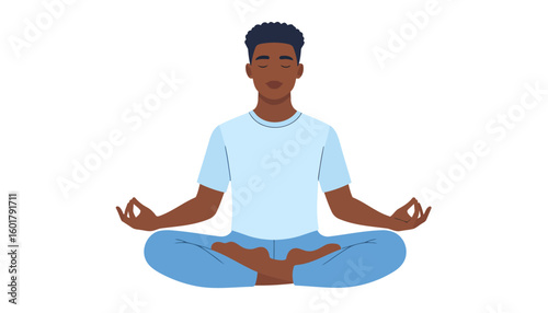 Serene Black man with closed eyes meditating in a blue outfit and lotus pose.