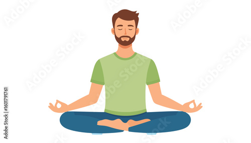Calm bearded man with closed eyes meditating in a lotus yoga pose, wearing a green t-shirt and blue pants.