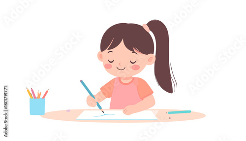 Cute cartoon girl with a brown ponytail happily drawing with a colored pencil at a desk.