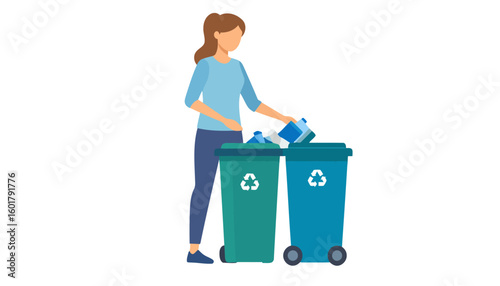 Faceless woman in casual clothes sorting plastic waste into green and blue recycling bins. Flat vector illustration of an eco-friendly person.