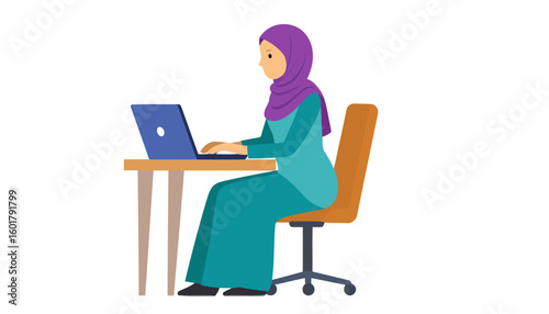 Side profile illustration of a Muslim woman in a purple hijab and teal dress working on a laptop at a desk.
