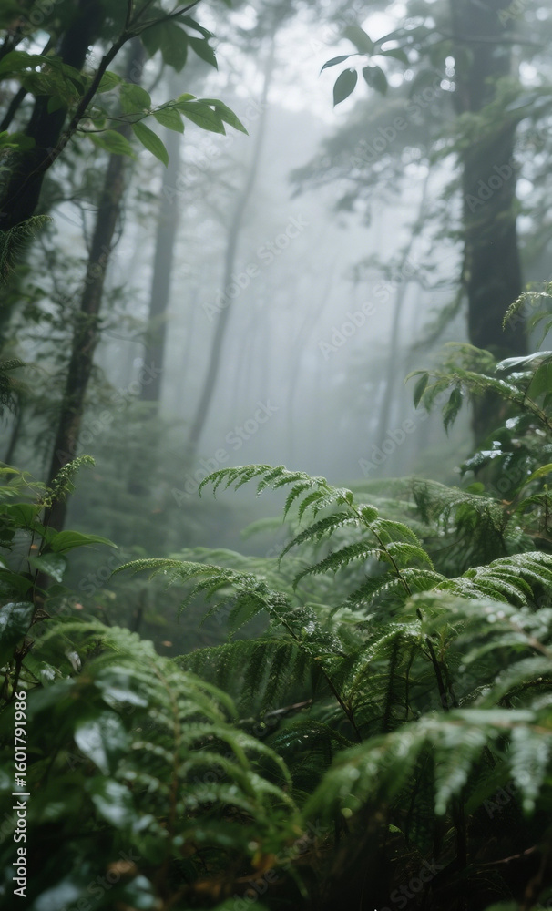 Obraz premium Ethereal view of a foggy forest floor covered with lush green fern fronds on a moody, misty morning.