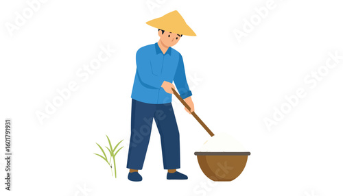 Male farmer in a traditional conical hat processing harvested white rice in a brown bowl with a wooden paddle.