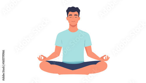 Serene young man with dark hair meditating in the lotus pose with a peaceful smile.