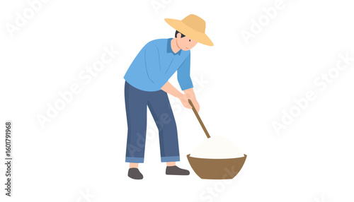A male farmer in a straw hat and blue shirt mixing white grain in a large brown bowl.