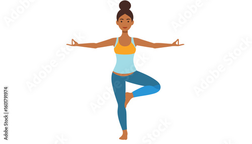 Smiling woman with a top bun in colorful sportswear practicing the yoga tree pose.