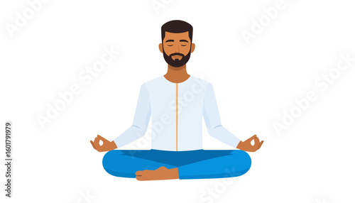 A calm bearded man with brown skin meditating in a lotus pose with a serene expression.