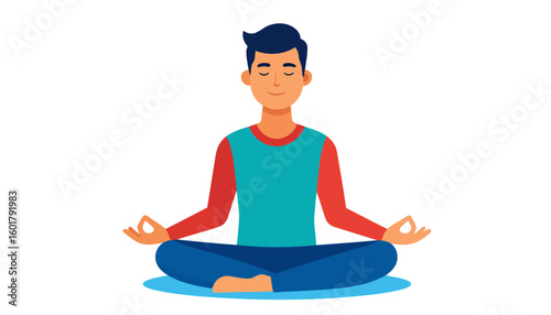 Young man with dark hair meditating peacefully in a lotus pose, wearing a colorful long-sleeved shirt.
