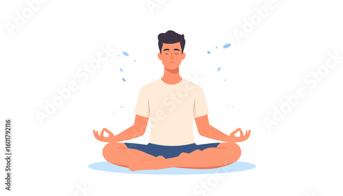Serene young man with dark hair meditating in a lotus pose, practicing mindfulness.