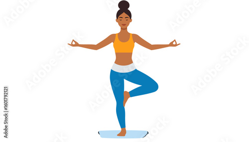 A calm woman with a top bun in sportswear practicing the Tree Pose yoga asana.
