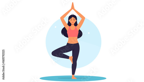 Serene woman with long dark hair practicing Tree Pose yoga, Vrikshasana, with hands in prayer position.