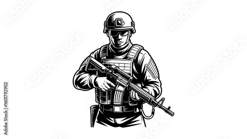 Soldier in full gear holding rifle in detailed vintage style