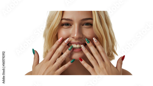 Close-up of a Smiling Woman with Festive Nail Art