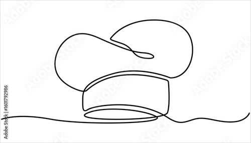Continuous one line drawing of chef hat or cap. One line drawing illustration of hat chef. one continuous line drawing of cook hat uniform. Symbol of cafe, cooking in a simple one line style.