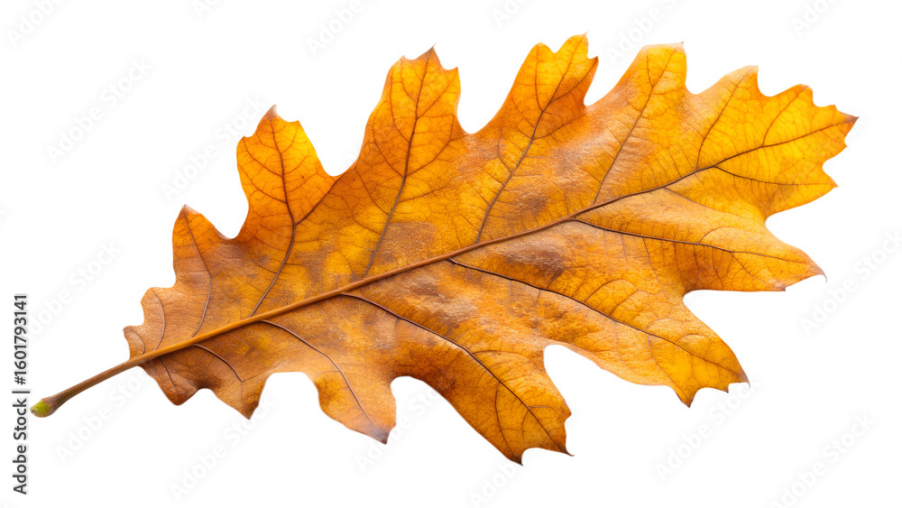 Obraz premium A single, detailed oak leaf in vibrant autumn colors, isolated on a white background