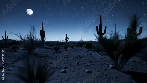 Night scene in the desert featuring saguaro cacti under a starry sky with a bright moon.