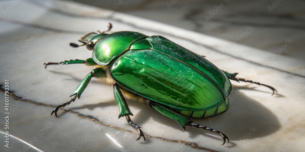 Fototapeta premium Reflecting light and color, a vibrant green beetle explores a marble surface in a sunlit space Generative AI