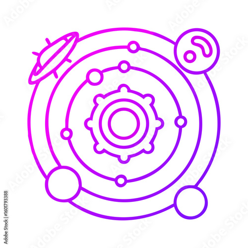 Futuristic planetary system with gears and symbols in neon style  