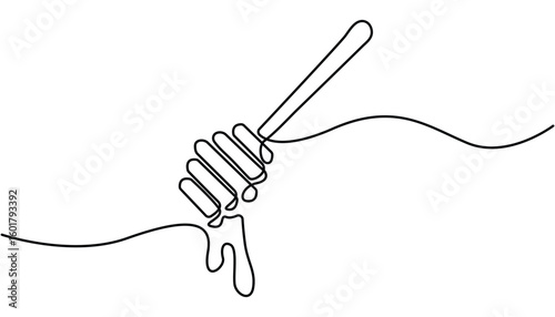 A continuous line drawing of a honey jar with a dipper, Vector continuous one single line drawing of honey dipper in silhouette on white background. Linear stylized, Honey dripping from honey dipper.