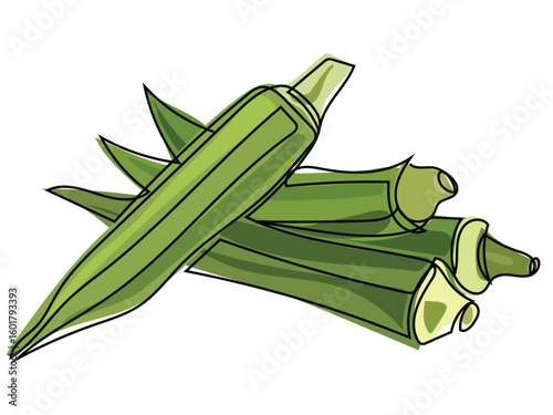 Okra pods in continuous line drawing on a white background.