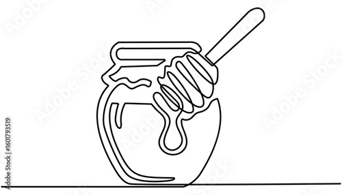 A continuous line drawing of a honey jar with a dipper, Vector continuous one single line drawing of honey on dipper in silhouette on white background. Glass canning jar in continuous line art drawing