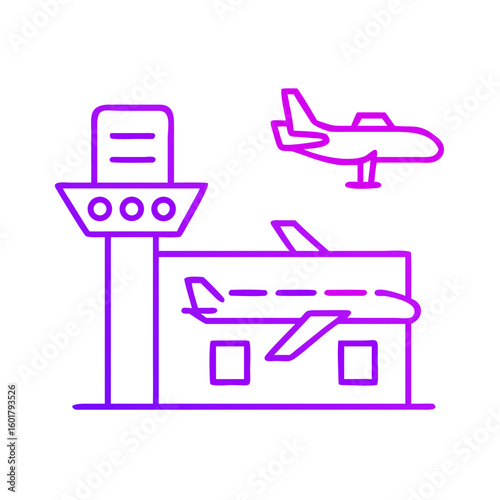 Airport terminal and control tower with airplane in flight icon  