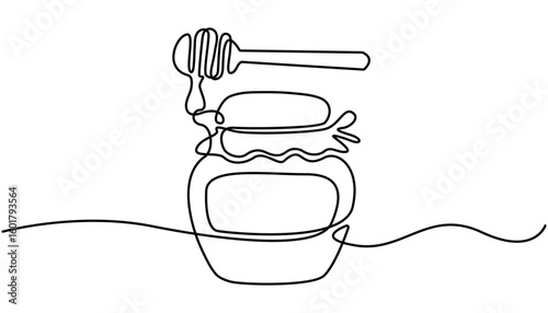 A continuous line drawing of a honey jar with a dipper, Vector continuous one single line drawing of honey on dipper in silhouette on white background. Glass canning jar in continuous line art drawing