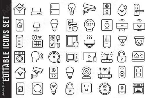 An Editable Set of Black and White Line Art Icons for Smart Home Technology and IoT