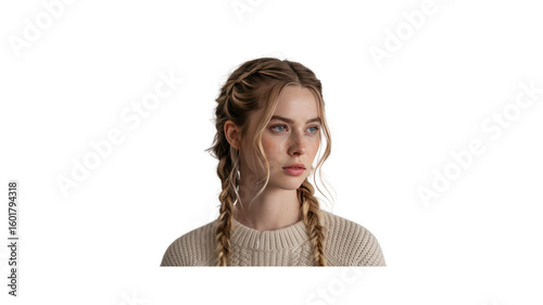 Young Woman with Blonde Braids in Cream Knit Sweater