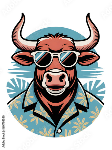 Cartoon Bull with Sunglasses in Hawaiian Shirt with Tropical Flower Design on Blue Radial Background Vector Illustration
