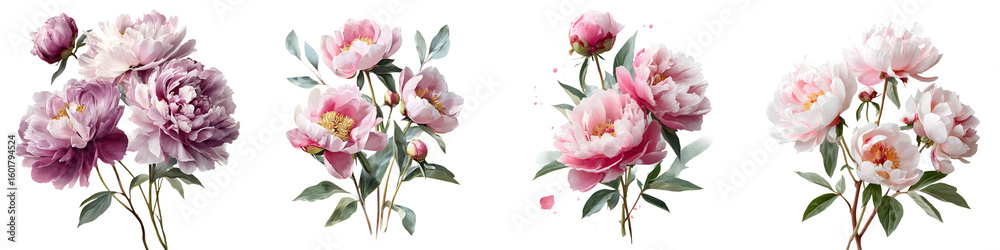 Obraz premium Watercolor Pink Peony Flower Bouquet Set