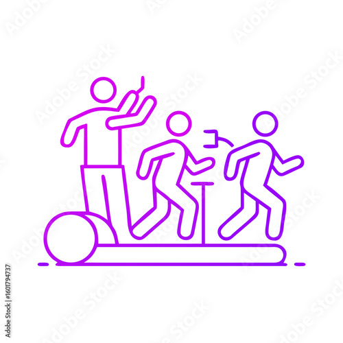 People exercising on treadmill in gym with pink outline illustration  