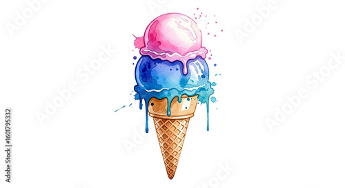 Watercolor ice cream cone with pink and blue scoops on a black isolated background illustration