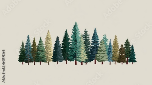 Vibrant Forest Landscape with Diverse Tree Species in a Beautiful Color Palette for Nature and Environmental Themes