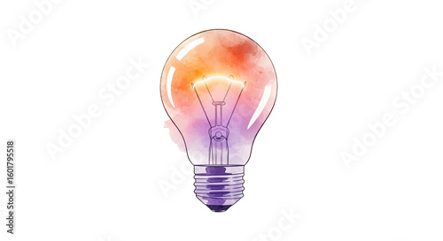 Watercolor style lightbulb with orange and purple hues on a black background in digital art style