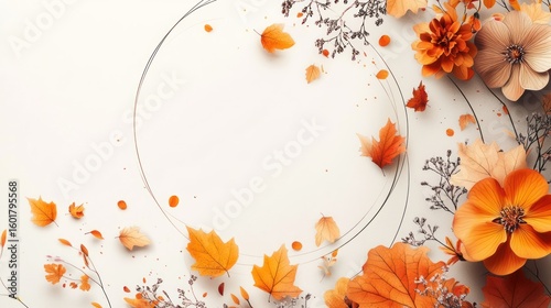 Elegant autumn floral frame with orange leaves and flowers on a light background, perfect for seasonal greetings.