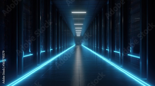 Dark Server Room With Bright Blue Neon Lights