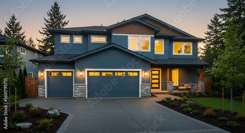 Luxurious new construction residence in Bellevue, WA. Modern style residence features two car garage framed by blue siding and natural stone wall trim. Northwest, USA