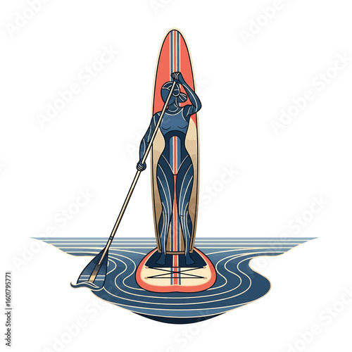 Dynamic geometric illustration of a woman engaged in stand-up paddleboarding, showcasing active lifestyle and serene water recreation.