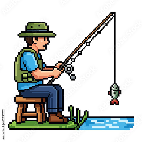 Pixel art illustration of a man fishing, sitting on a stool by the water, holding a fishing rod with a fish caught on the line.