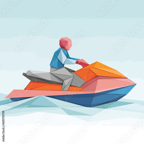 Low-poly illustration of a person riding a jet ski on water, depicted in shades of blue, orange, pink, and white.