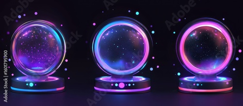Set of three futuristic crystal balls glowing with neon purple and blue light, containing a cosmic galaxy within.