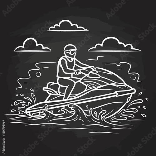 A stylized illustration of a person riding a jet ski on water, with clouds in the background, depicted in white lines on a black chalkboard-like surface.
